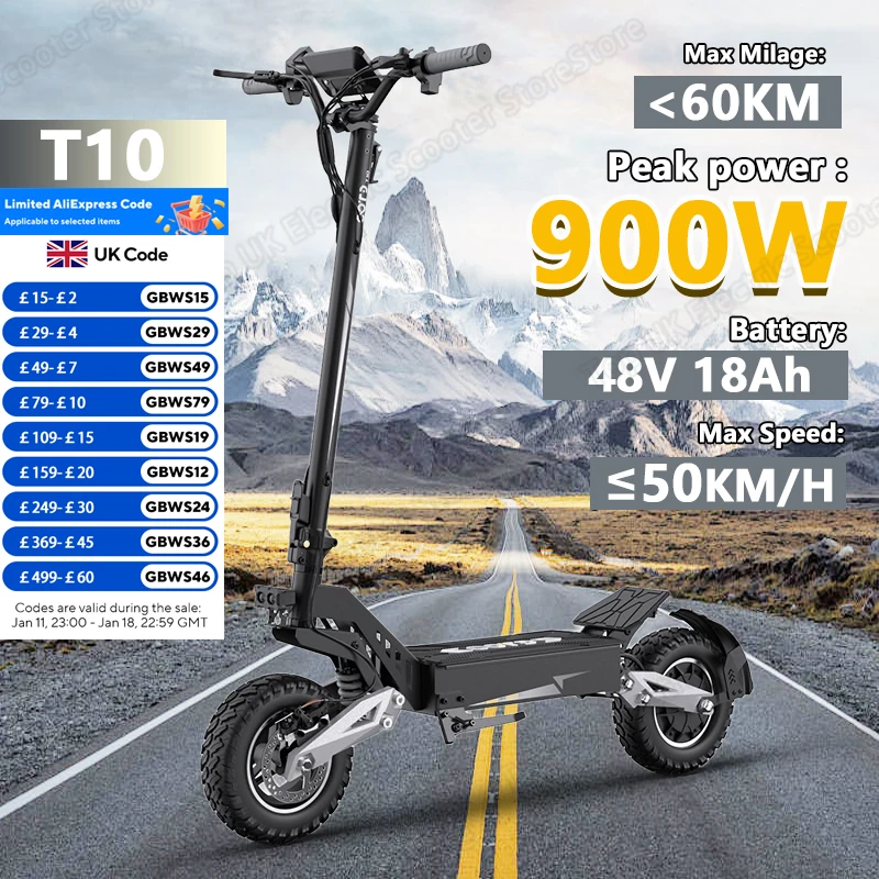 OOTD T10 E-Scooter 900W Peak power 48V13.5Ah LED Display Electric Scooter Adult 11-inch Off-Road Tire Convenient Fold EScooters