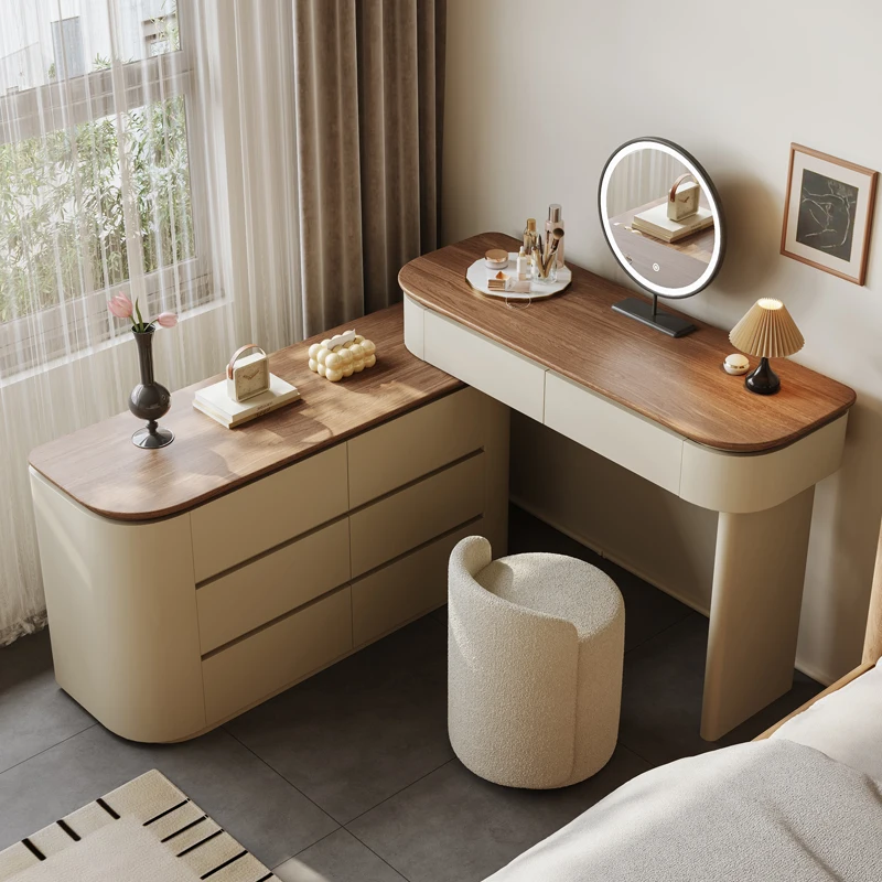 Italian Style Dressing Table Design Luxury Glamour Makeup Vanity Table Light Mirror Retractable Penteadeira Bedroom Furniture