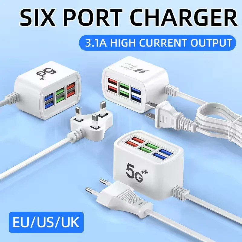 Universal 6 Ports USB Charger Fast Charging Power Strip Adapter Quick Charge Socket For iPhone 15 16 Xiaomi Wall Charger Sockets