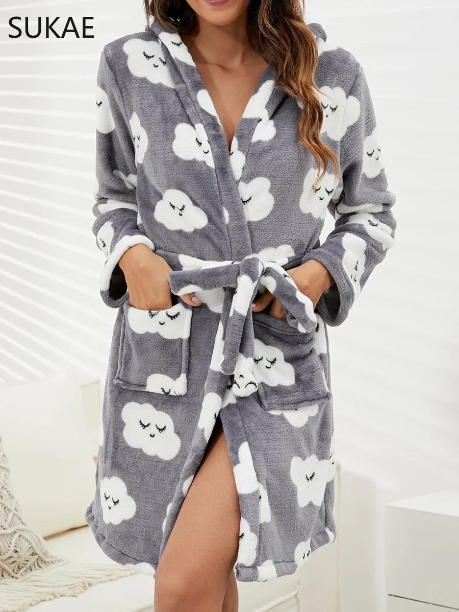 SUKAE Winter Womens Robes Pink Velvet Hoodies Bathrobes Long Sleeves Flannel Homewear Leisure Sleepwear Sexy Lingeries for Lady