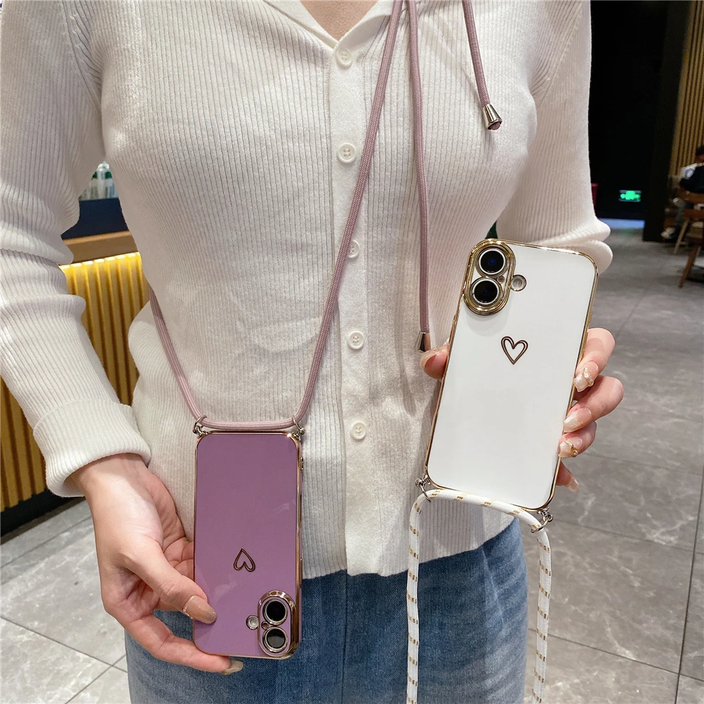Crossbody Lanyard Cord Plating Love Heart Soft Case For iPhone 16 15 14 Pro Max 13 12 11 XS XR 7 Plus Lens Protector Cover