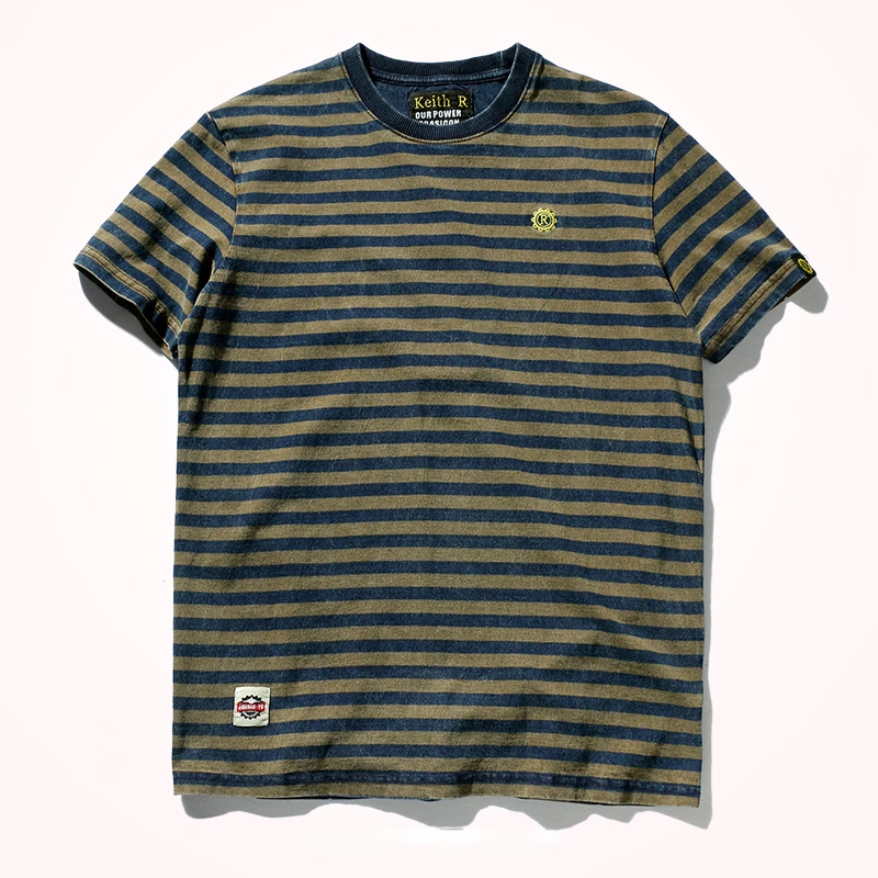 Striped T-shirt Men's Short Sleeve New Pure Cotton Slim Trend Simple Joker Round Neck Old Washed Short Sleeve T-shirt