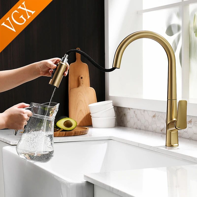 VGX Filter Water Kitchen Faucet Dual Spout Pure Drinking Water Tap Pull Out Kitchen Sink Mixer Faucet Gourmet Brass Crane Gold