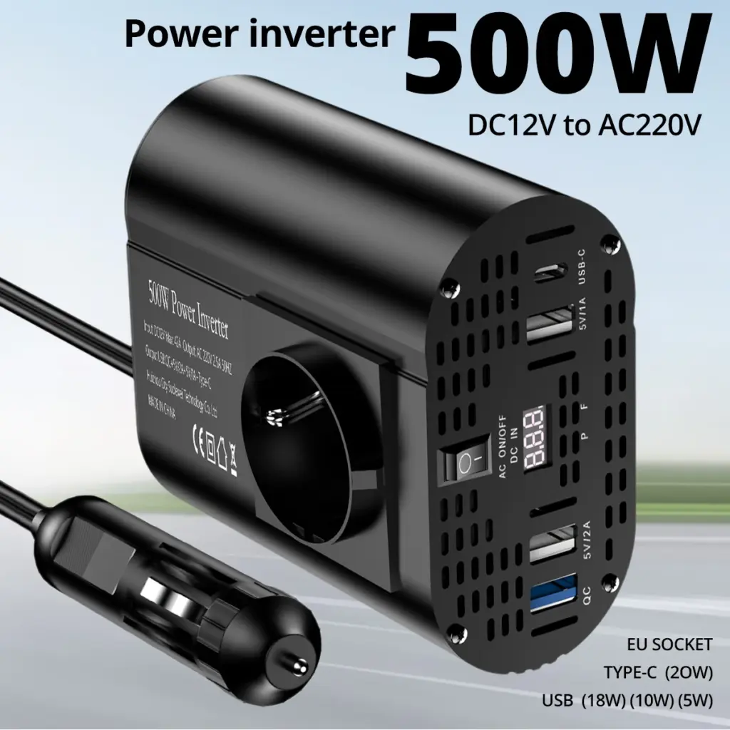 400W/500W/1500W DC12V to AC 220V 50HZ car inverter solar car power voltage portable converter, TYPE-C, USB and EU sockets