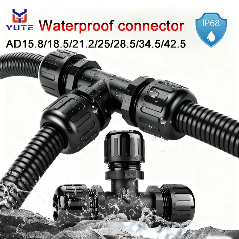 Bellows Waterproof Connector T-shaped Tee Nylon Plastic PA66 Hhose Wave-proof Pipe Connector Grand Lock IP68 Waterproof Dust