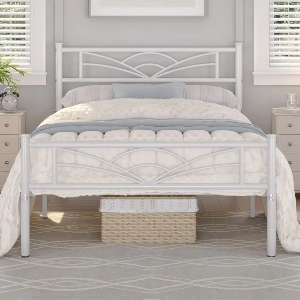 3ft Single Bed Frame Slatted Metal Bed with Cloud-inspired Design Headboard, Ample Under-bed Storage White