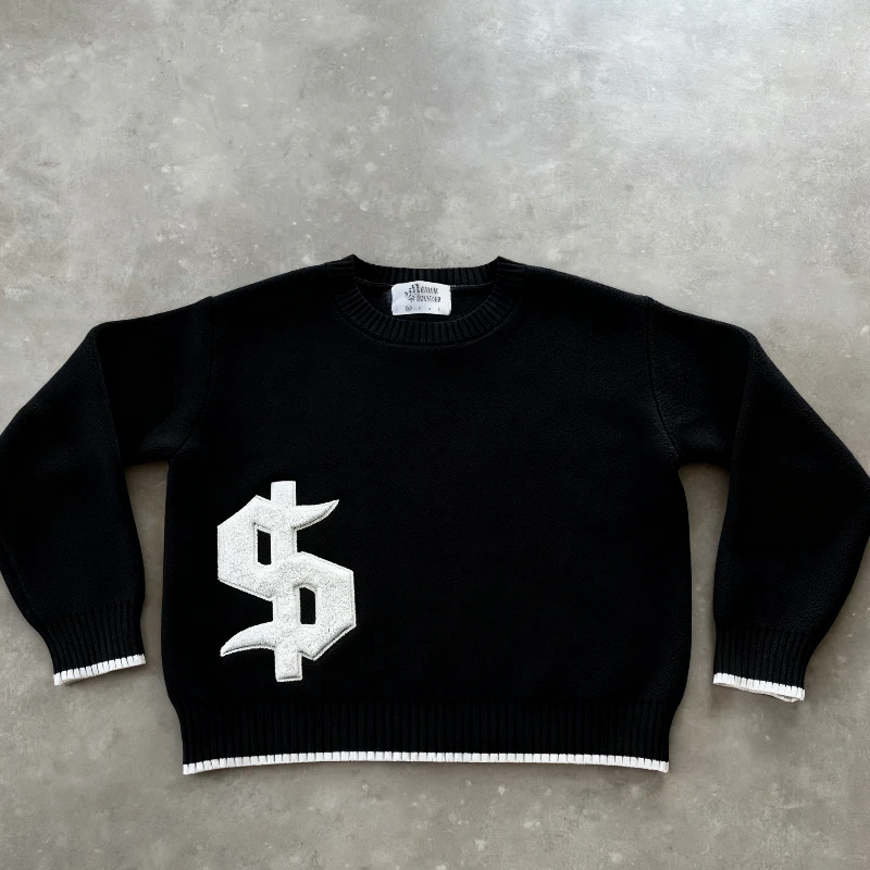 Men Gray Money Sign Sweater Y2k American Dollar Knit Pullover Vintage Classic Streetwear Warm Winter Crewneck Top Casual Fashion