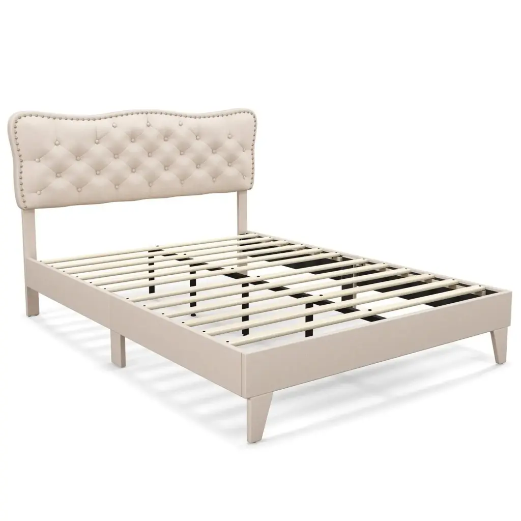 GOFLAME Double Size Bed Frame Wooden Slats Platform Upholstered Button Tufted Headboard