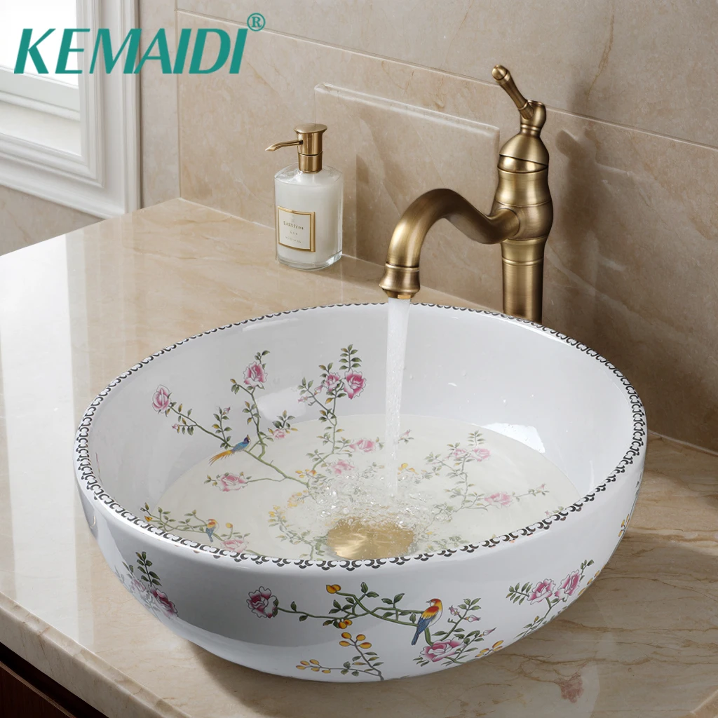 KEMAIDI Bathroom Ceramic Vessel Sinks White Round Porcelain Vessel Sink Counter Top Flower Bird Pattern Bowl Sinks for Bathrooms