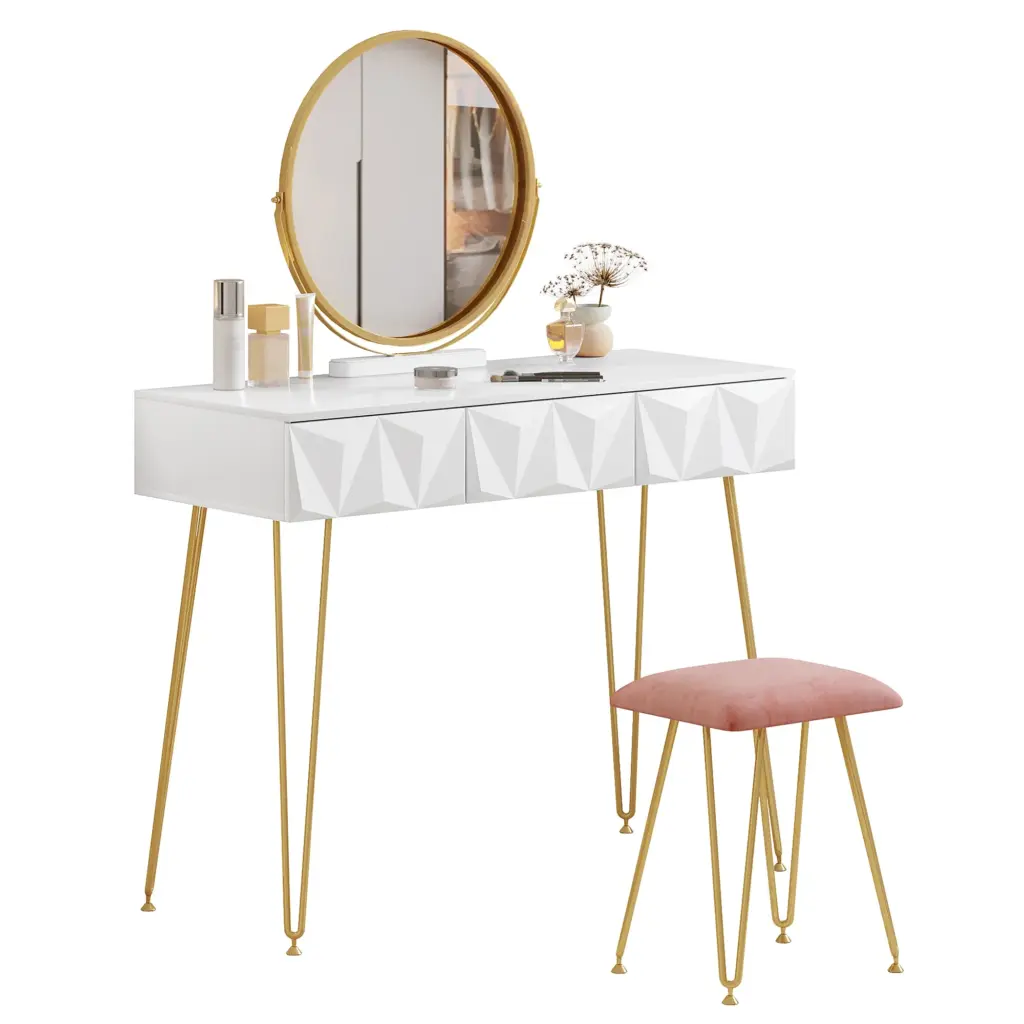 WOLTU 1SET White Gold Dressing Table with 360° Swivel Mirror 3D Effect Velvet Stool Cosmetic Makeup Dressers for Bedroom