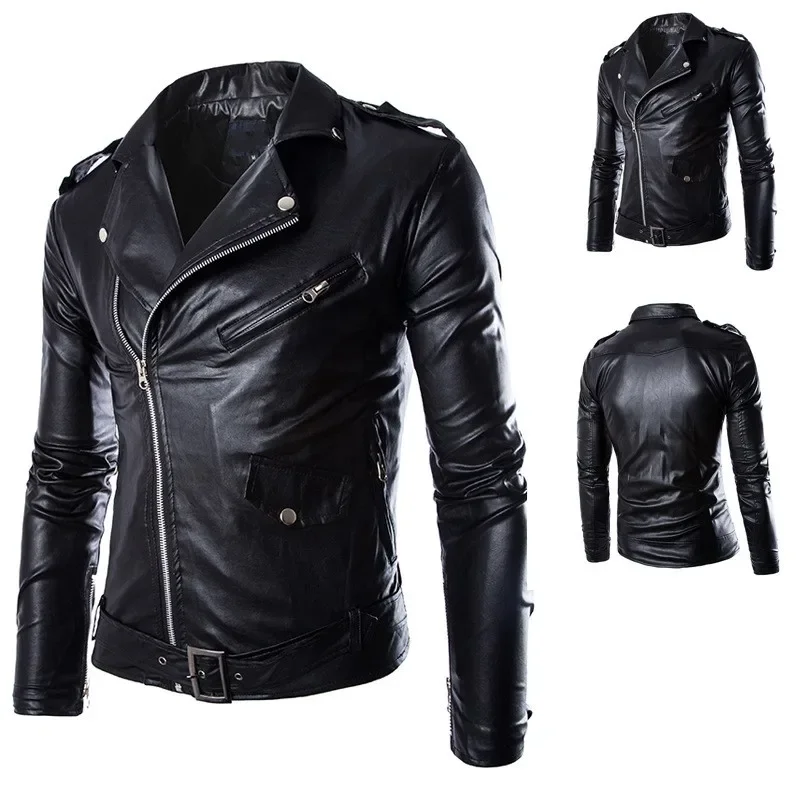 Fashion PU Leather Jacket Men Buckle Zip Lapel Collar British Black White Punk Rock Outwear Coats 2023