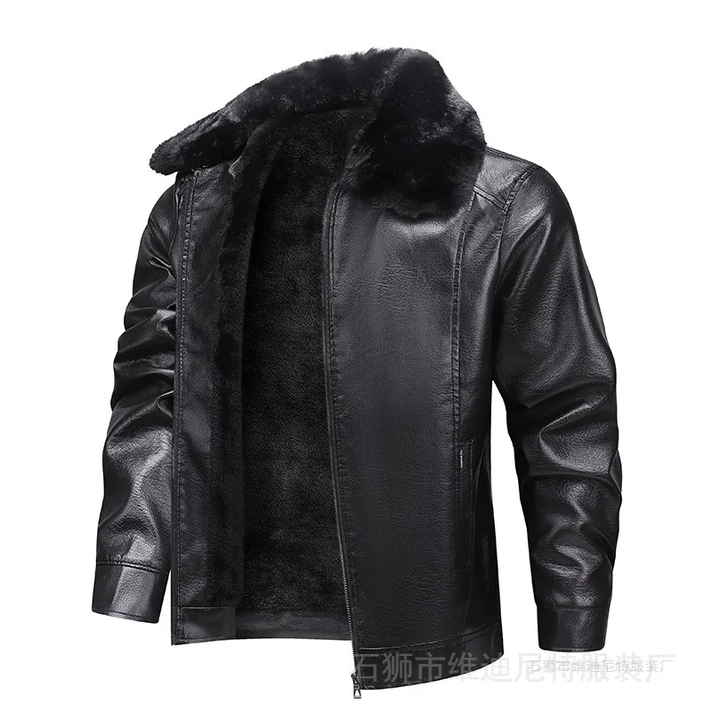 Thickly-lined and Warm Leather Coat for Men with A Fur Collar. Men's Cotton Coat for Business Wear. Male Clothing.