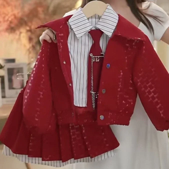 Girls Suit 2026 Spring And Autumn New Childrens Clothing Girls Baby Fashion Fake Two Leather Pleated Short Skirt Two Sets