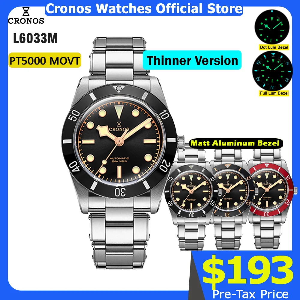 Cronos Luxury Men Watch 37mm Diver BB54 Vintage Automatic Wristwatches Female End Links Sapphire 20 Bar L6033
