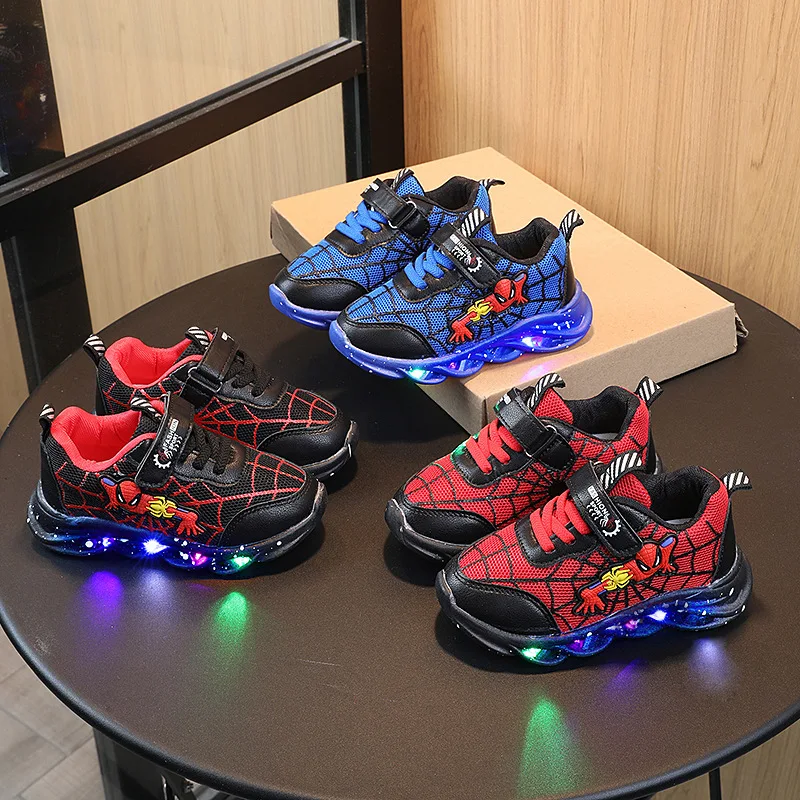 LED Casual Sneakers Red Black For Spring Boys Spiderman Mesh Outdoor Shoes Children Lighted Non-slip Shoes Size 21-30