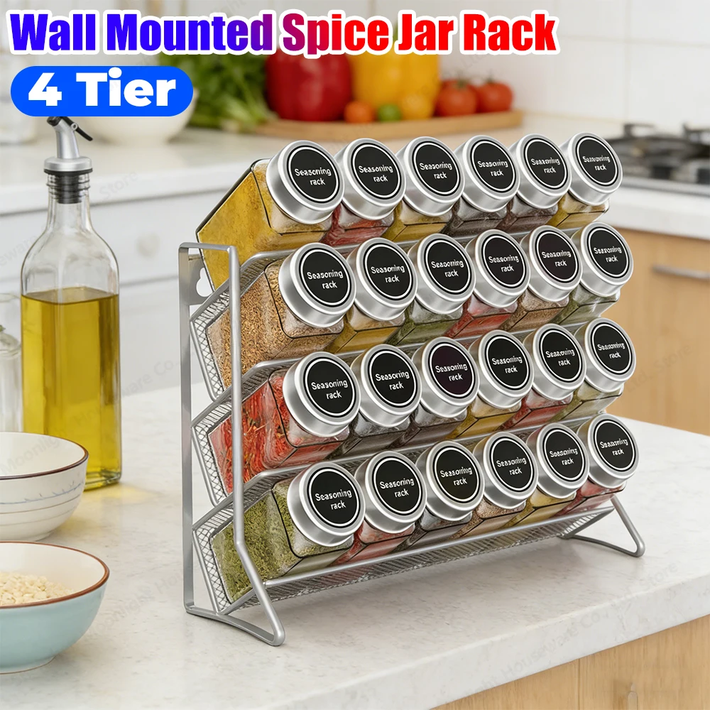 4 Tier Spice Rack Organizer No Condiment Bottle Carbon Steel Spice Seasoning Organizer Stand for Countertop Cabinet Wall Mounted