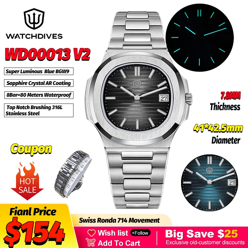 Watchdives WD00013 Mechanical Quartz Watches Swiss Ronda 714 Movement 80m Waterproof Diver Watch Sapphire Crystal Luxury Watch