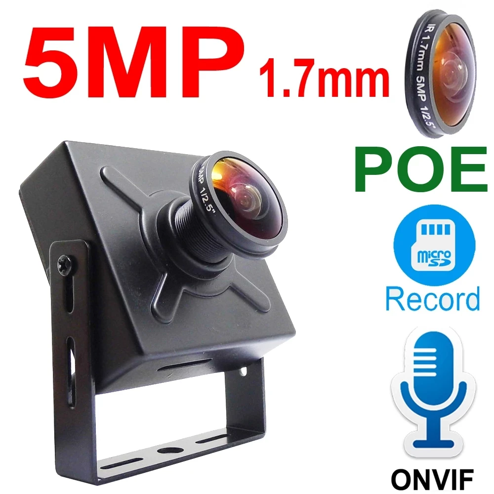 5MP 1.7mm Mini Fisheye Panorama POE IP Camera Audio Cam Cctv Security Surveillance High Definition Onvif HD Memory Card Slot