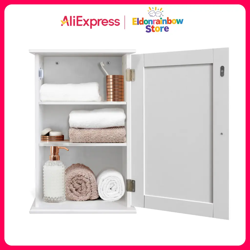 Single Wall Mounted Storage Cabinet - 6 Adjustable Height Shelf, Multi-Purpose White Engineered Wood Cupboard for Bathroom