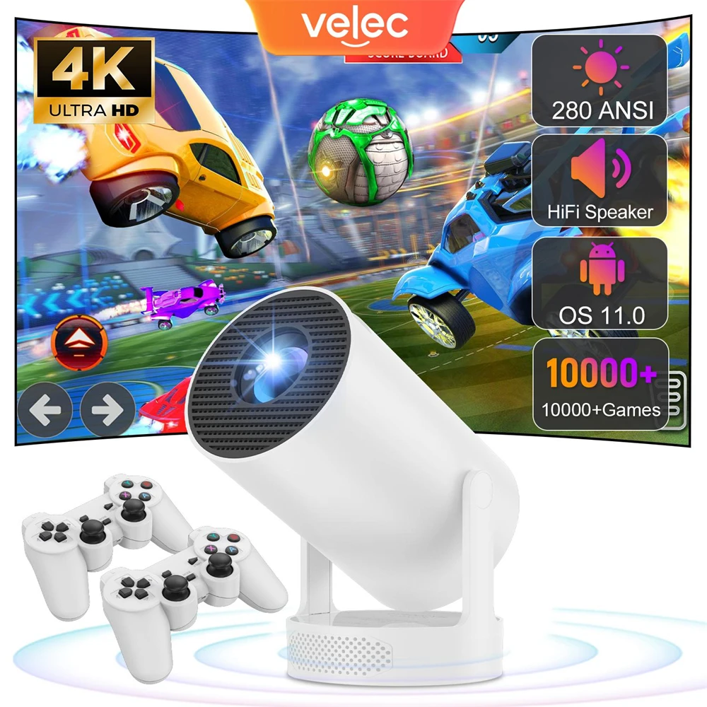 Velec Game Projector HY300 Pro HiFi 2IN1 Professional Chip Android Projector With 2 Wireless Game Controllers 20000+ Games