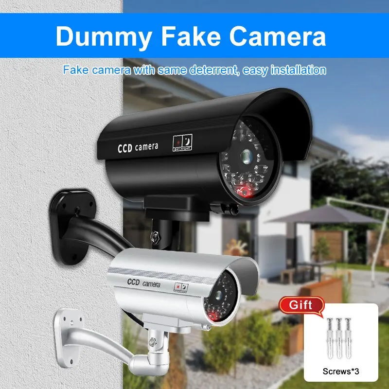 1PC Dummy Security Camera Watreproof Indoor Outdoor Fake CCTV Surveillance System, Red Flashing LED Lights, No Wiring Required