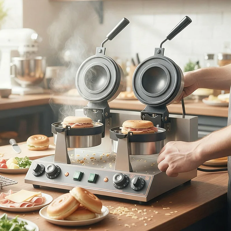 Panini Press Double Head UFO Hamburger Maker Gelato Semlor Paczki Krapfen Snack Baker Commercial Ice Cream Waffle Machine Rotate
