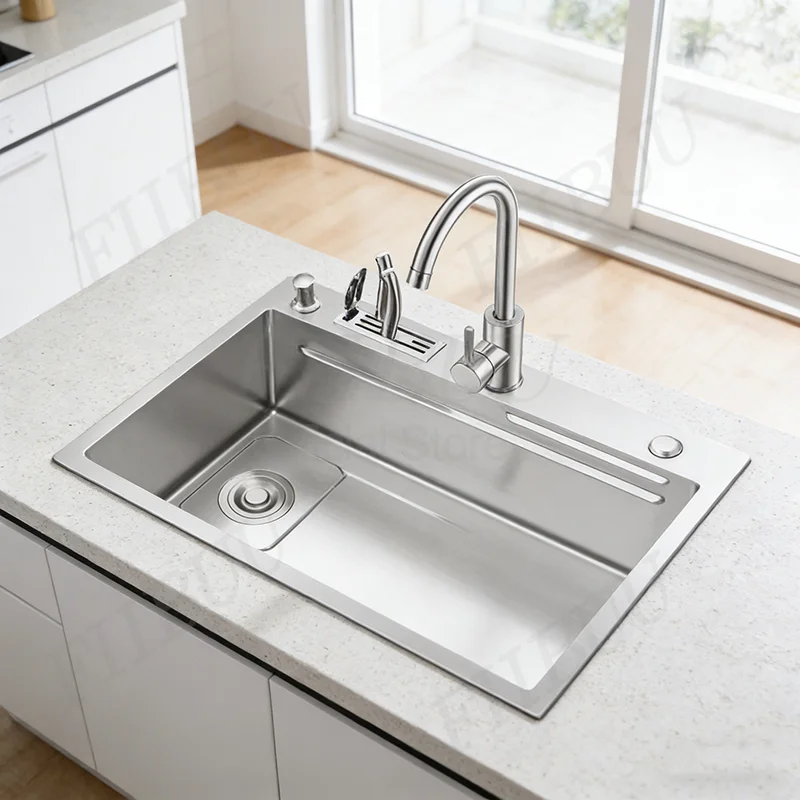 Large Capacity 304 Stainless Steel Kitchen Sink Multifunctional Single Bowl Vegetable Workstation Wash/Cut/Drain in One Full Set