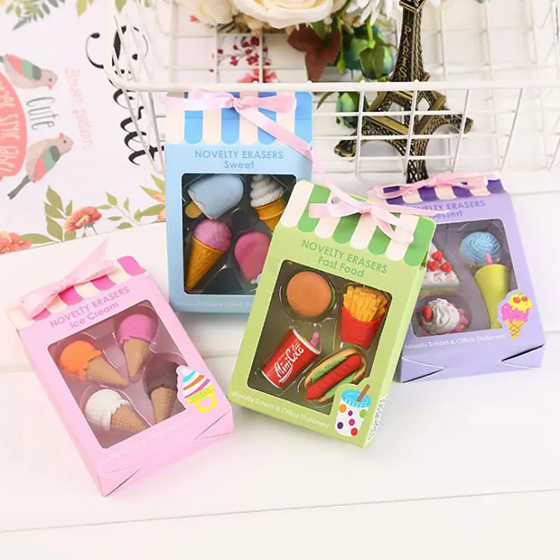 4PCS Kawaii Ice Cream Hamburger Lollipop Detachable Rubber Eraser Stationery