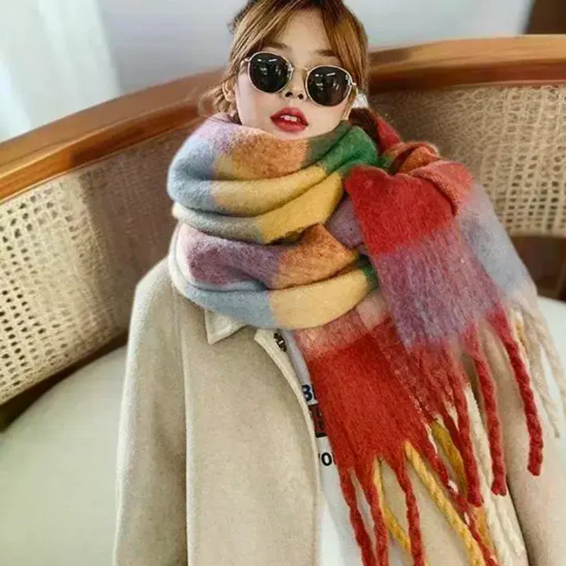 Rainbow Colorful Tassel Scarf Ladies Chic Trend Women's Scarves Imitation Cashmere Plaid Muffler Warm Thick Female Wrap