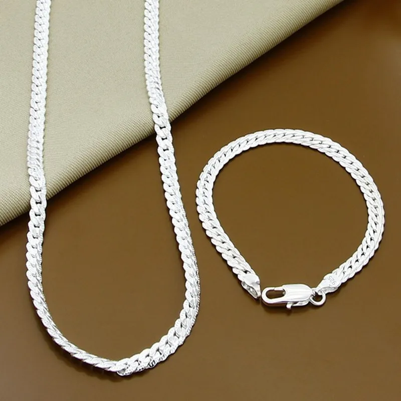 925 Sterling Silver 2 Piece Full Side Chain Necklace Bracelet Women Men Fashion Jewelry Set Wedding Gift