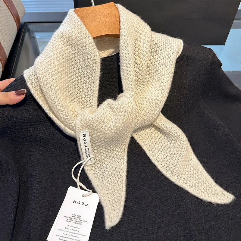 92% Wool 8% Cashmere Knitted Scarf Women Winter Warm Triangle Scarves Solid Color Design Thickened Shawl Soft Pashmina Neck NEW