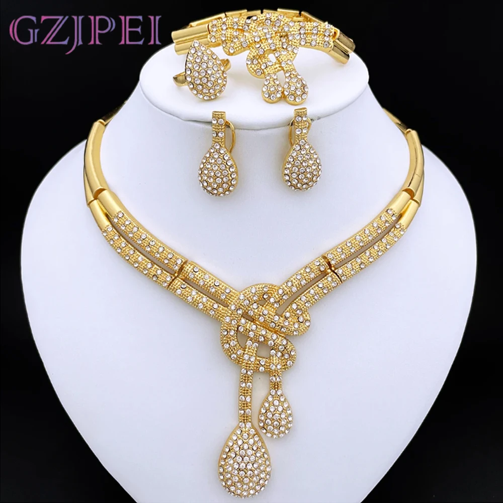 Dubai Gold Color Women Jewelry Sets Classic Design Necklace Earrings Charm Bracelet Ring Banquet Party Jewelry 18K Gold Plated