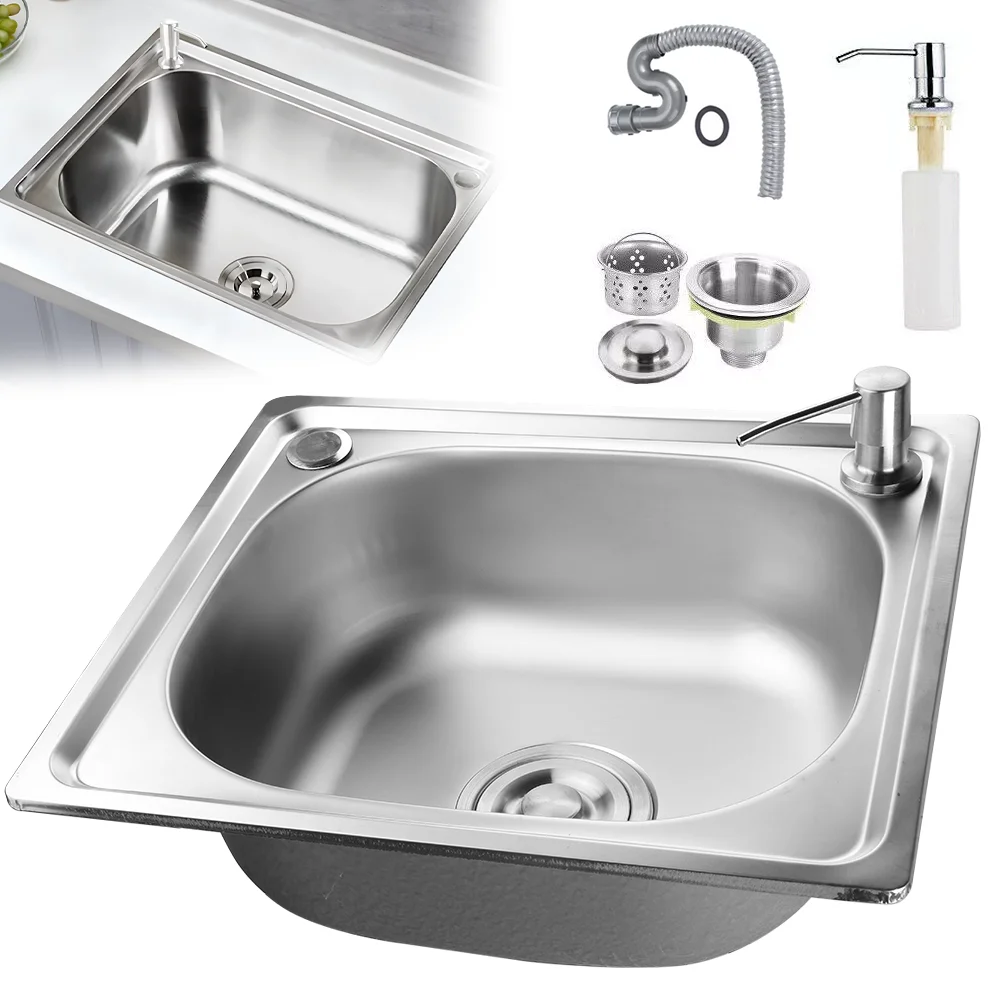 Single Bowl Dish Washing Sink Stainless Steels Square Kitchen Sinks Dishwashing Pool Hand Wash Basin Sink w/ Filter Drainage Dra