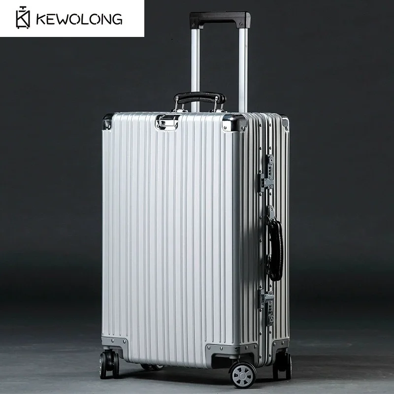 Top Quality Aluminum-Magnesium Alloy Vintage Suitcase, 20/24/26/29 Inch Lightweight Travel Trolley Luggage With Leather Handle