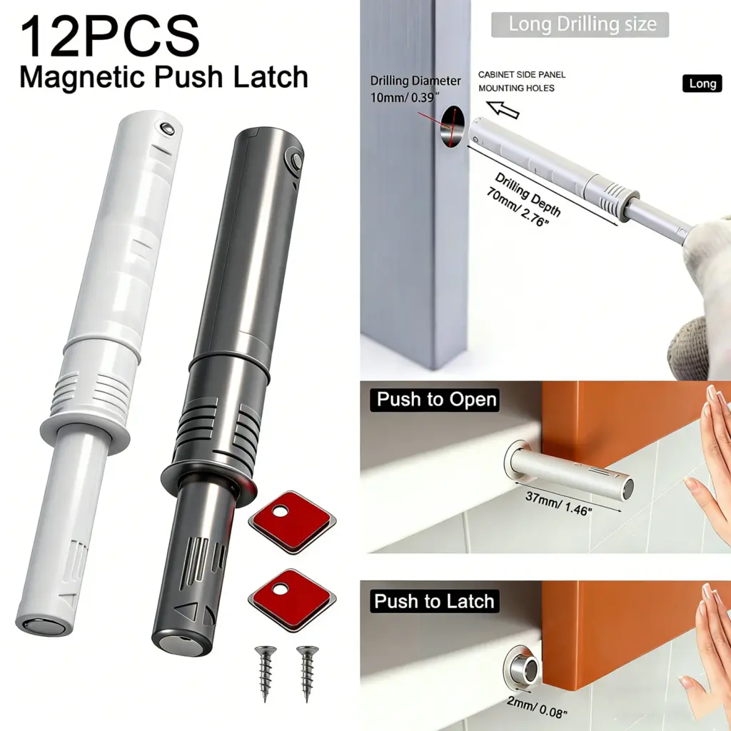 12pcs Push to Open Door Latch Adjustable Magnetic Push Latch Hidden Door Touch Latches and Catch Push Release Drawer Pull