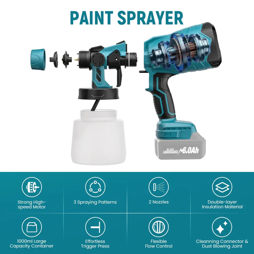 1000ML Cordless Paint Sprayer For Car Home Windows Tool Rechargeable Spray Gun Auto Furniture Steel For Makita 18V Battery