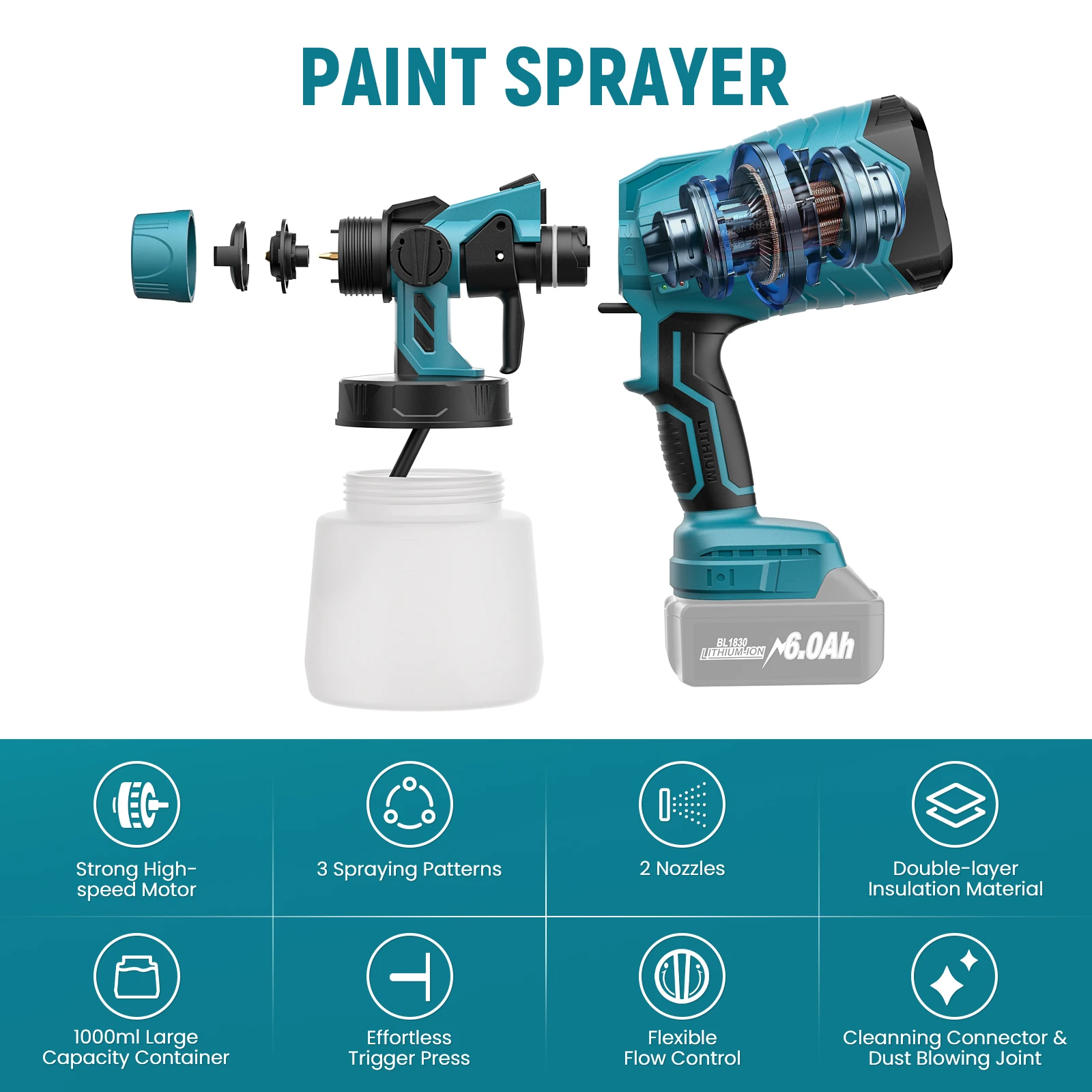 1000ML Cordless Paint Sprayer For Car Home Windows Tool Rechargeable Spray Gun Auto Furniture Steel For Makita 18V Battery