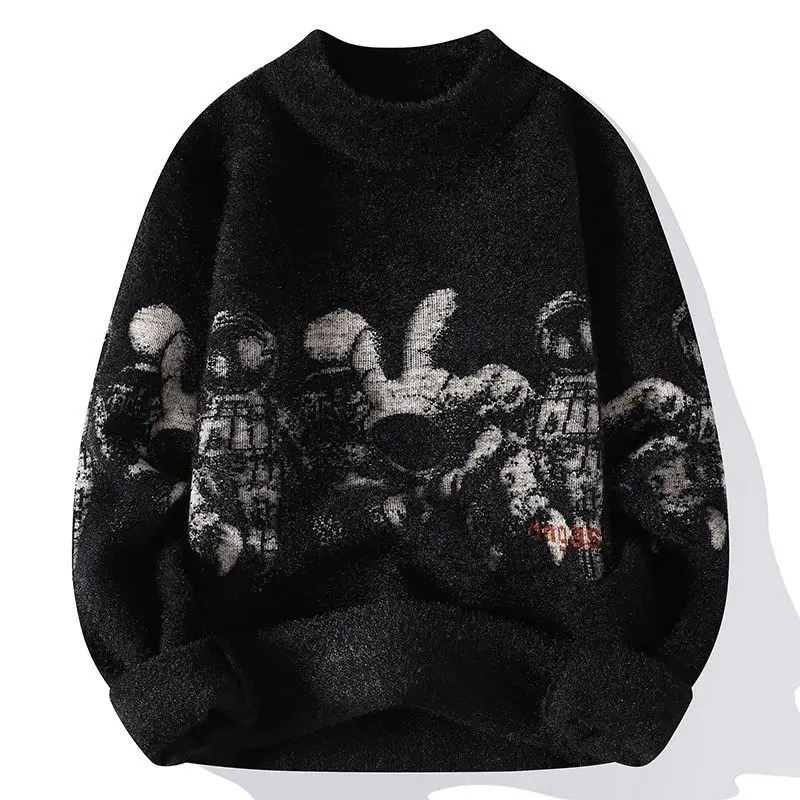Men's Casual Plush printing Sweater Thickened Jacquard Vintage Streetwear Knitwear Pullover Loose Lazy Style Long Sleeve Sweater