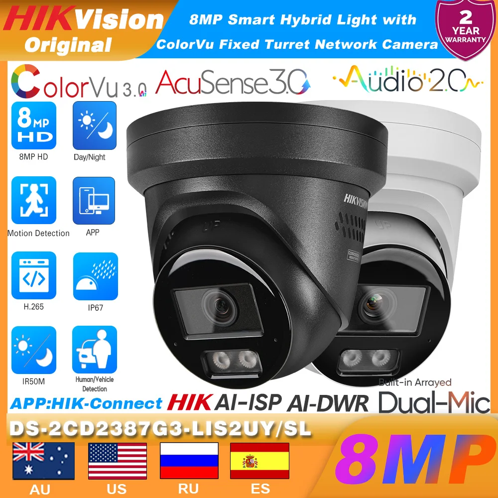 Hikvision DS-2CD2387G3-LIS2UY/SL 8MP POE Smart Hybrid Light Network Camera 1/1.8 F1.0 Audio2.0 AI ISP&WDR ColorVu3.0 Acusense3.0