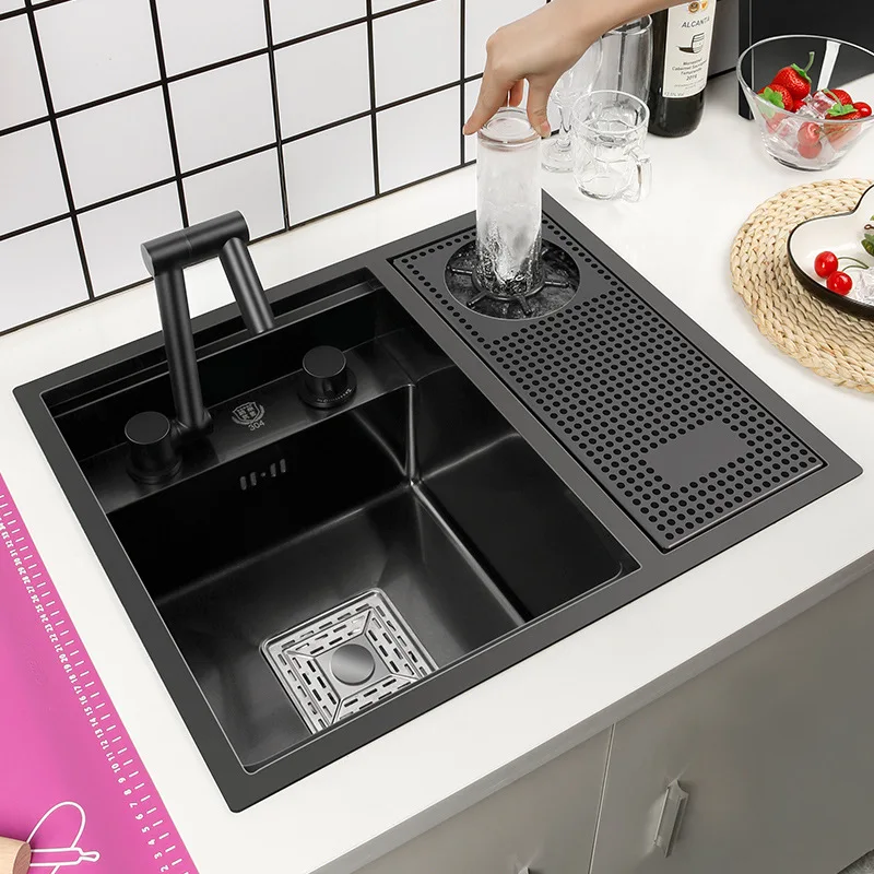 Nano Hidden Bar Kitchen Sink Black Folding Faucet Cup Washer Mini Single Bowl Basin Stainless Steel Soap Dispenser Accessories