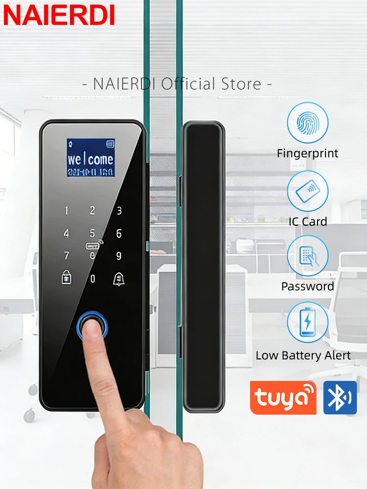 NAIERDI Tuya App Smart Glass Door Lock Bluetooth Fingerprint Password Biometric Keyless Entry Door Handle Security Hardware