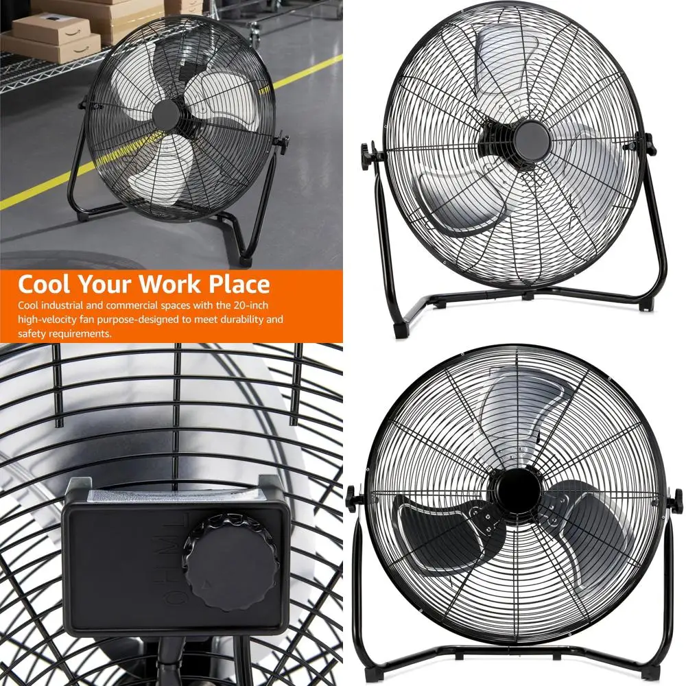 20 High-Speed Industrial Floor Fan - 3-Speed, Tilt, ETL-Approved, Metal, 125W, Black for Commercial/Garage/Gym