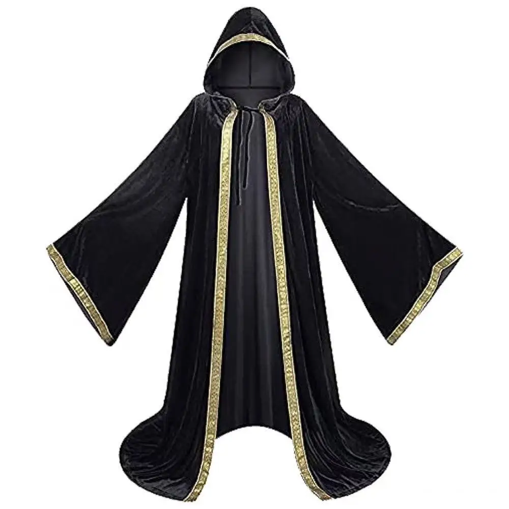 European Medieval Unisex Velvet Hooded Cloak GAN Wizard Cosplay Outer Long Robe Halloween Street Vampire Cape Carnival Witch COS