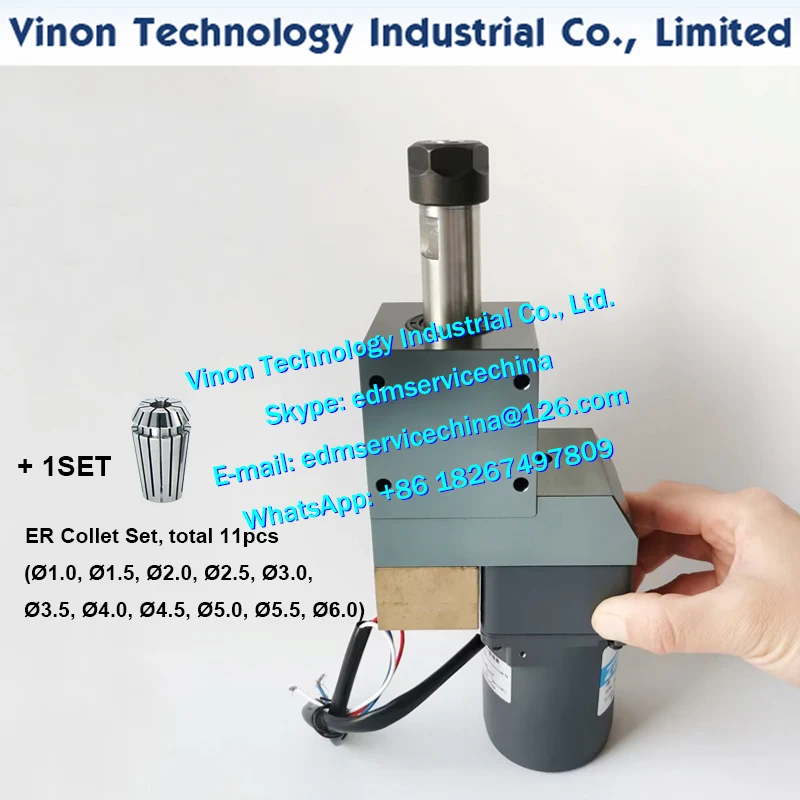 Free Shipping by FedEx UPS, EDM ER Rotating Head Spindle with Motor 110V/24V/220V with ER Collet Chucks 11PCS,Rubber Seals 10PCS