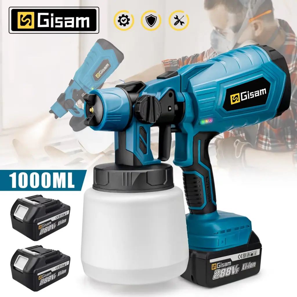 Gisam 1000ML Electric Spray Gun Home Cordless Paint Sprayer HVLP Auto Furniture Steel Coating Airbrush For Makita 18V Battery Pi