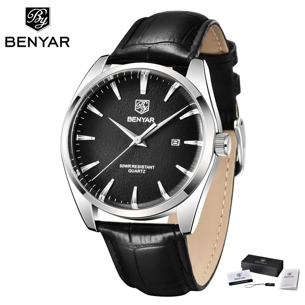 Benyar 5163 Top Brand Luxury Military Wristwatches Leather Quartz Watches Waterproof Simple Watch for Men Reloj Hombre