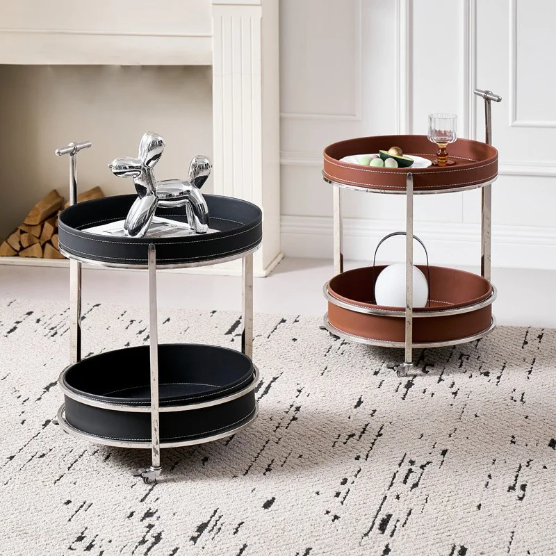 Modern Leather Sofa Side Tables for Living Room Home Office Mobile Side Table with Brake Caster Luxury Metal Frame Round Trolley