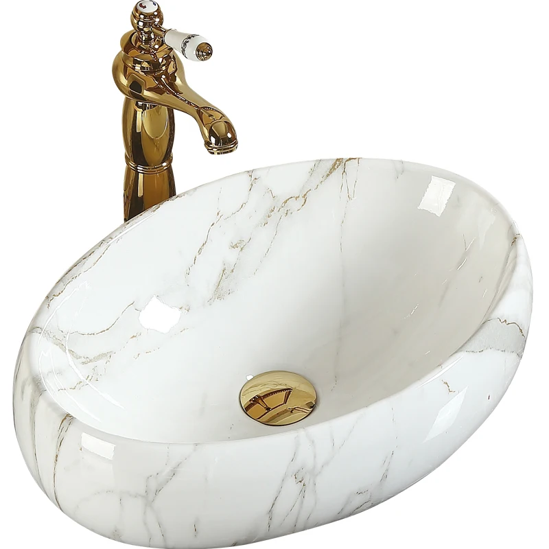 Hot Sale Indian Luxury Style Bathroom Marble Countertop Ceramic Handmade Washbasin Installed Oval Art Sink Above Countertop