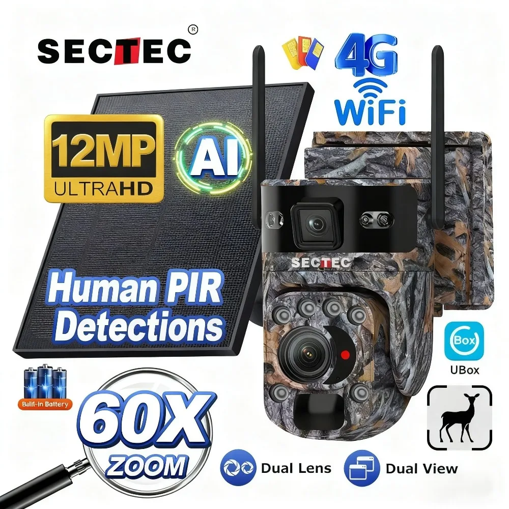 SECTEC 12MP 4G LTE Hunting Forest Camera Solar 60X Zoom Dual Lens Hunting 2.4Ghz Wireless WiFi Camera PTZ 360° PIR Alarm IP66
