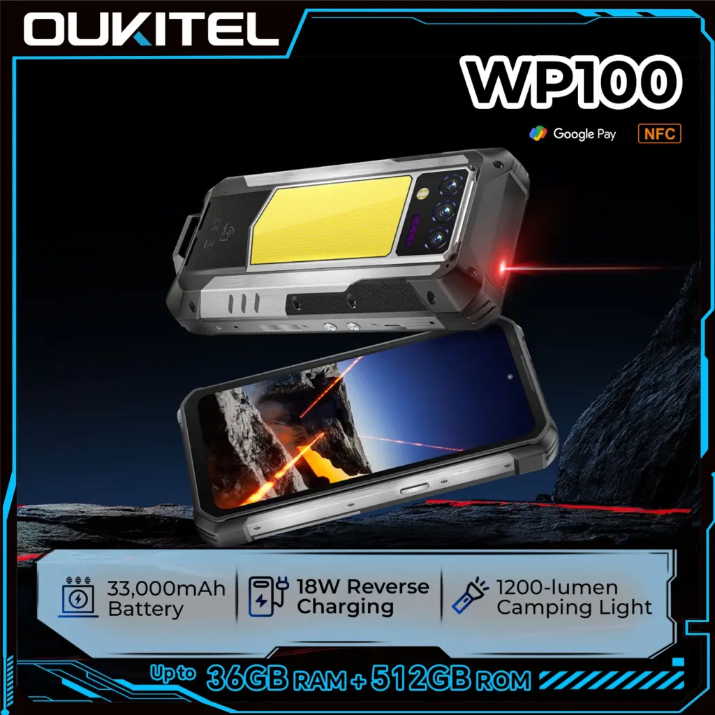 OUKITEL WP100 Rugged Phone - 33000mAh, Laser Rangefinder, Camping Light, 200MP, 36GB+512GB, 6.8" FHD+, NFC GPS 5G Smartphone